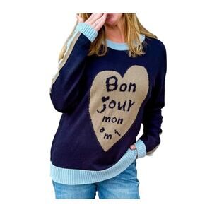 Easel Bon Jour Mon Ami Heart Sweater Small Navy Blue Knit Pullover
